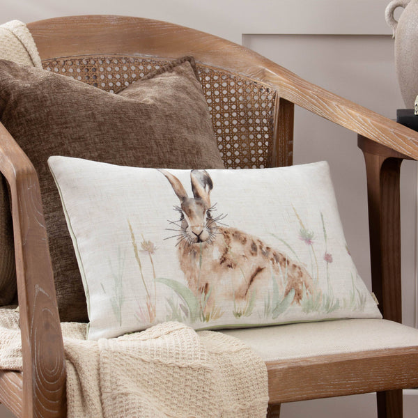 Hare Hand Painted Linen Cushion Natural 30 x 50cm