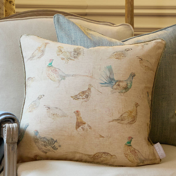 Game Birds Natural Linen Cushion / Hand Painted Watercolour Printed /          50 x 50cm