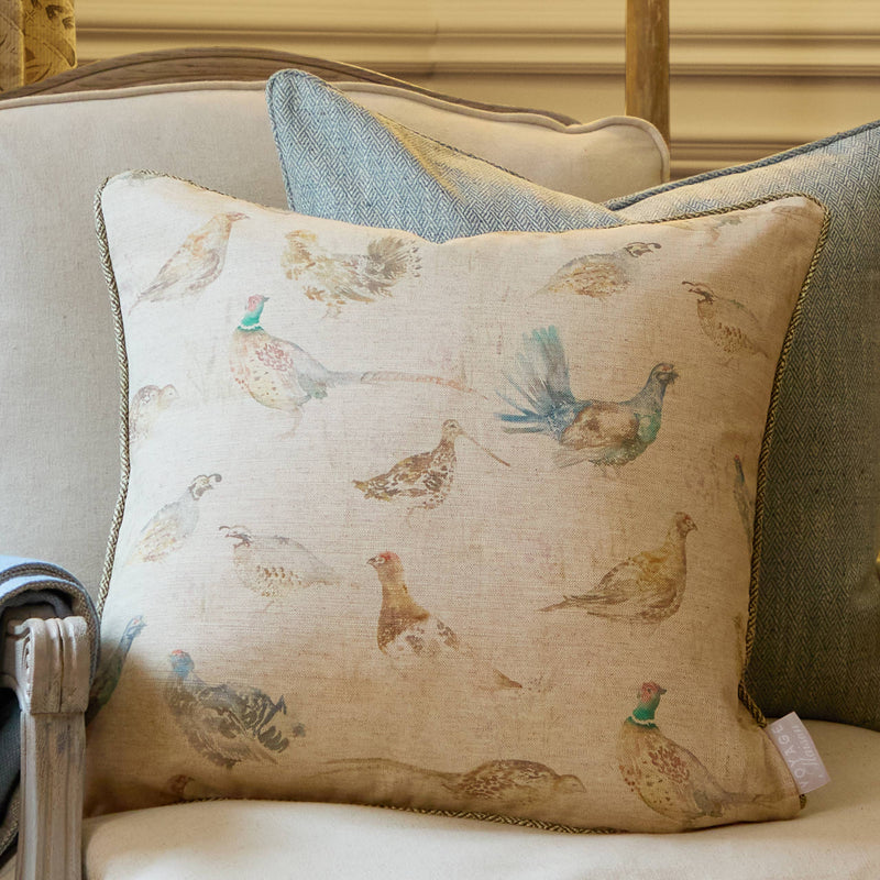 Game Birds Natural Linen Cushion / Hand Painted Watercolour Printed /          50 x 50cm