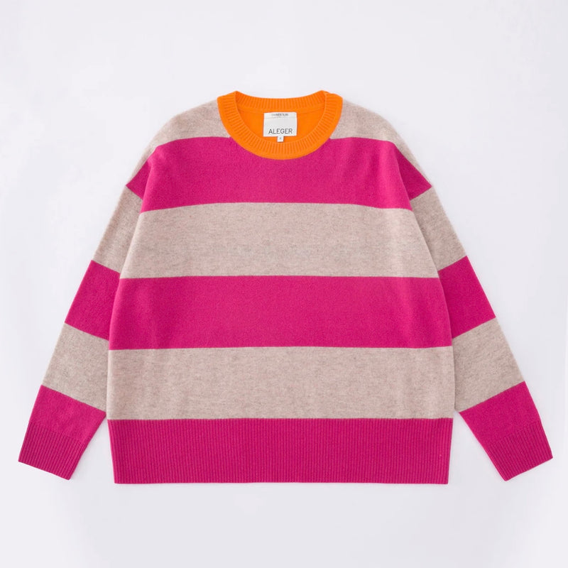 N.80 Stripe Contrast Crew - Fushia Cashmere Blend