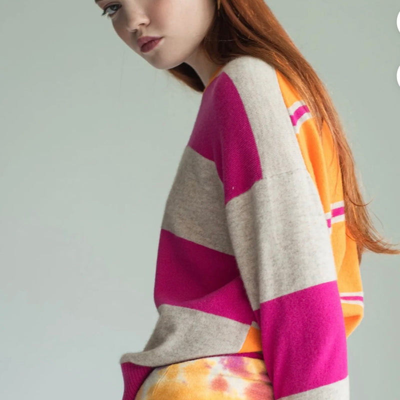 N.80 Stripe Contrast Crew - Fushia Cashmere Blend